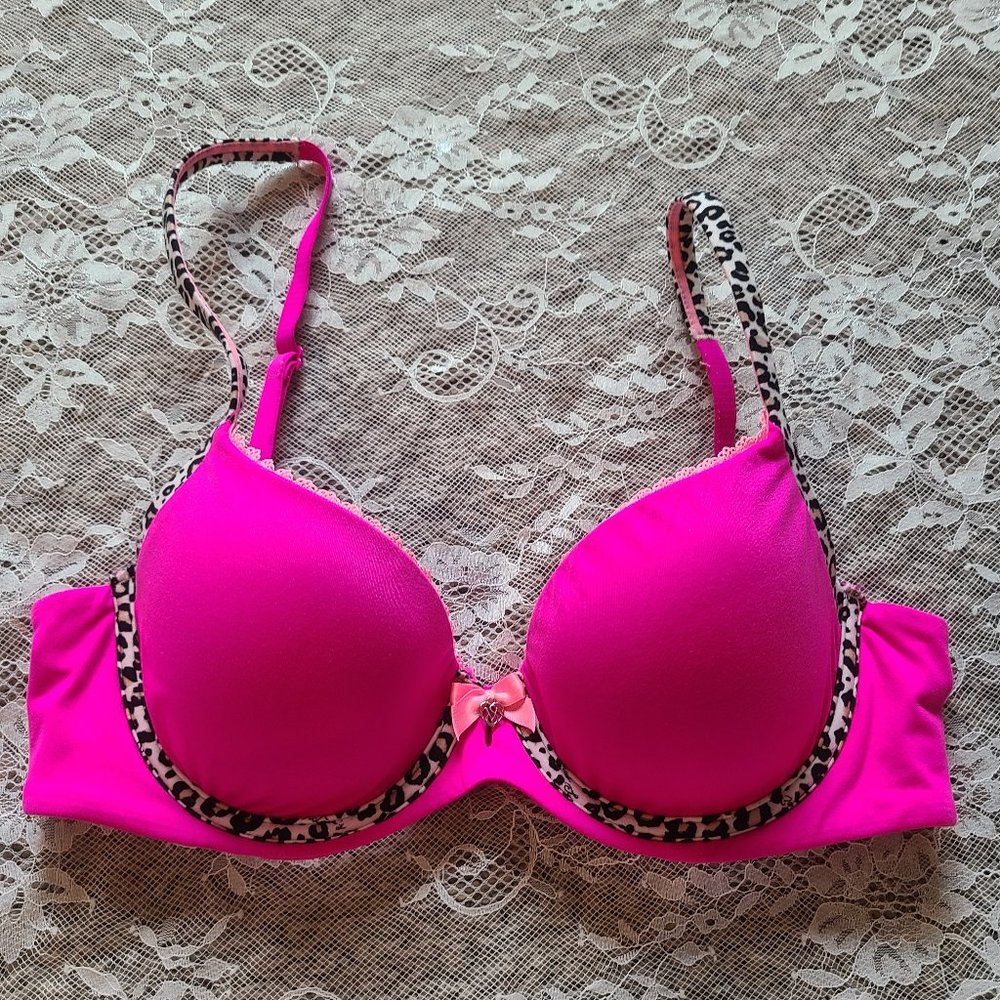 VS Body by Victoria Lined Demi Bra Bright Pink Fuchsia and Leopard Print 32C